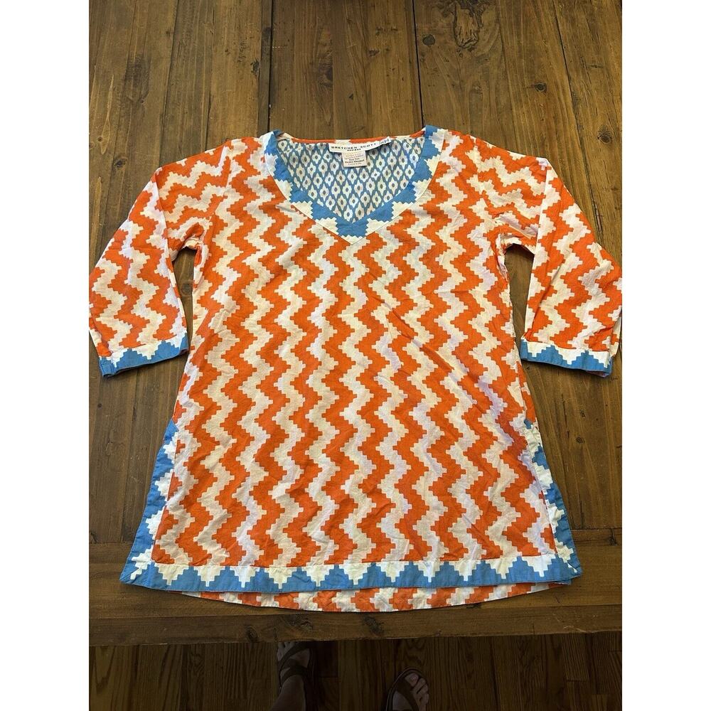 Gretchen Scott Designs Orange White Zig Zag Pattern Tunic Top Size Small